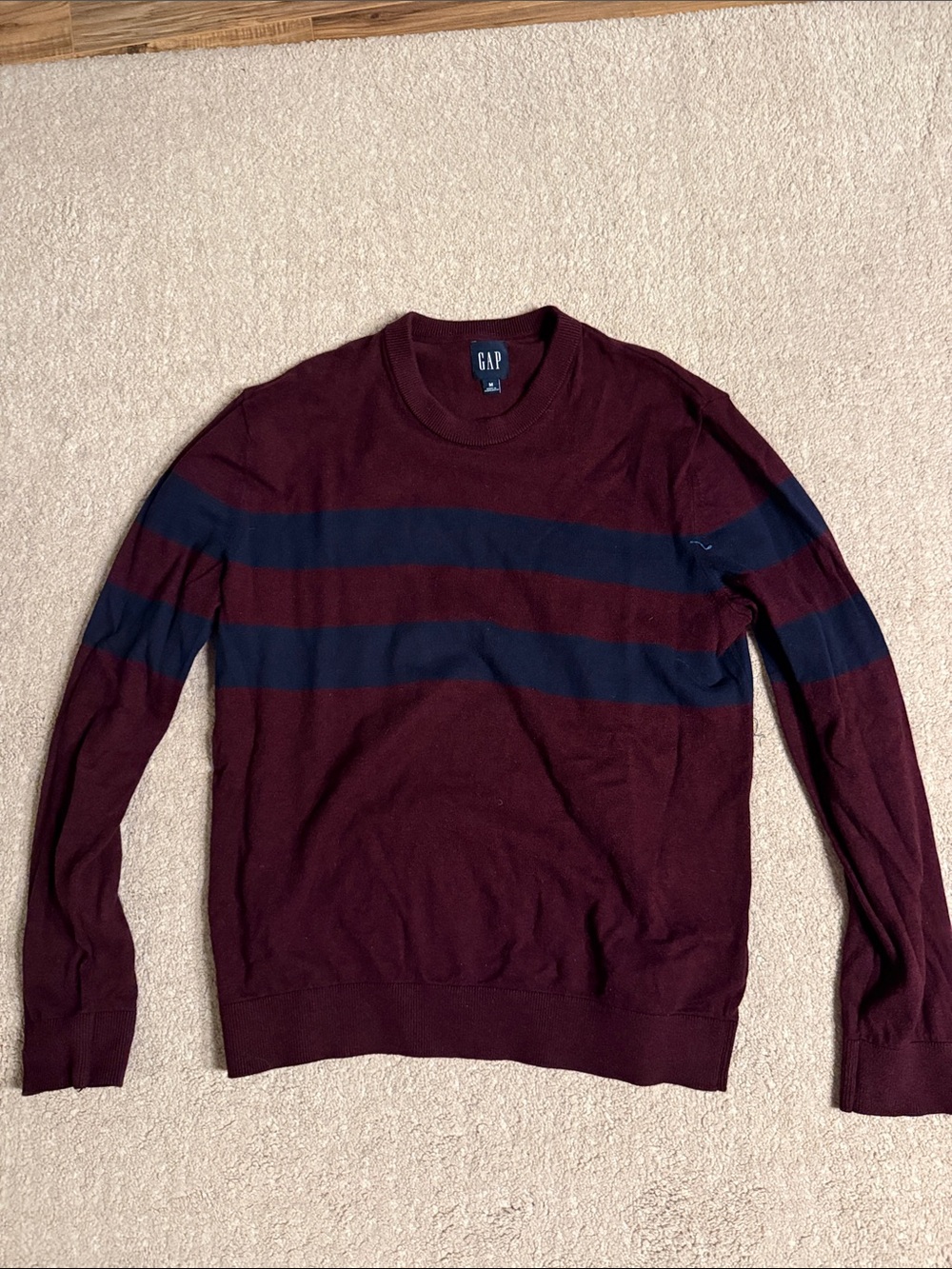 GAP Men's Burgundy Crewneck Sweater with Navy Stripes